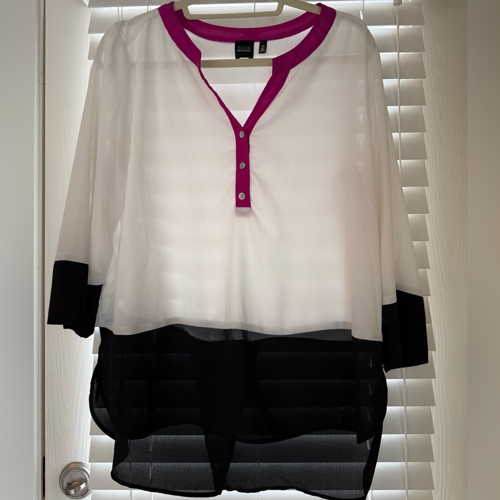 BLACK Saks Fifth Avenue Blouse with Pink Neckline Trim and Blank hem